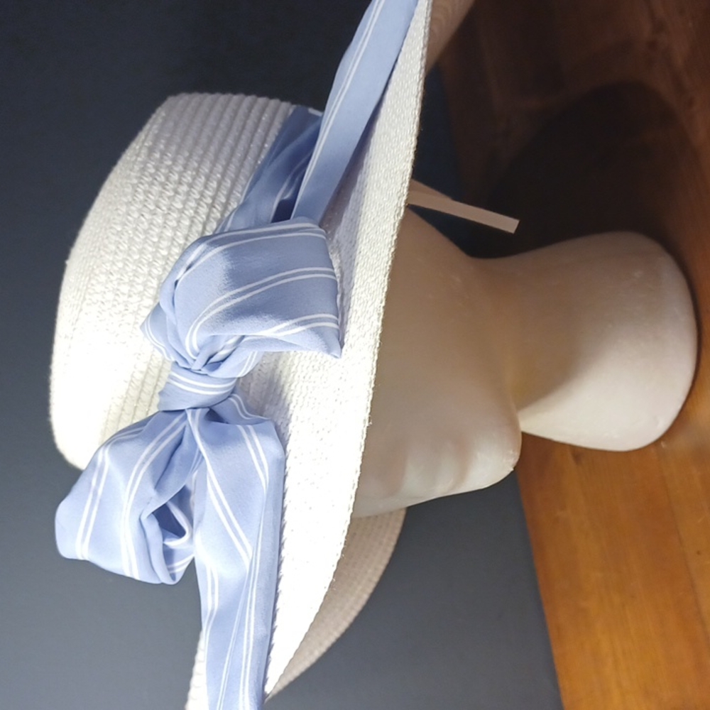 Hat Attack White Straw Sun Hat with Light Blue Bow